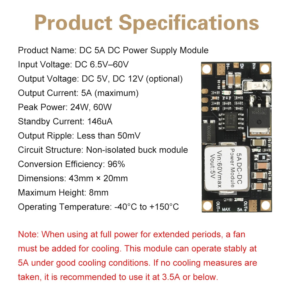 DC-DC Buck Converter 6.5–60V to 5V/12V, 5A, 96% Efficiency