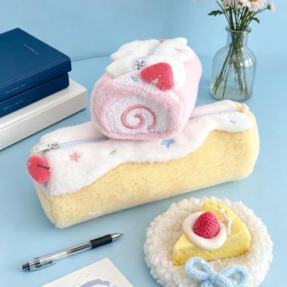 Kawaii Swiss Roll Plush Pencil Case – Large Capacity Pen Bag