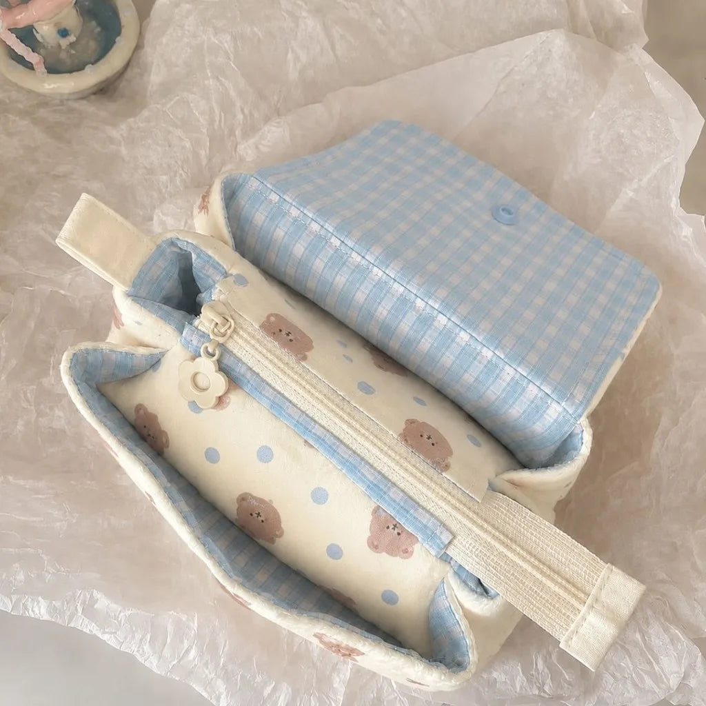 Three-Layer Cotton Pencil Case – Bear Polka Dot Student Pouch