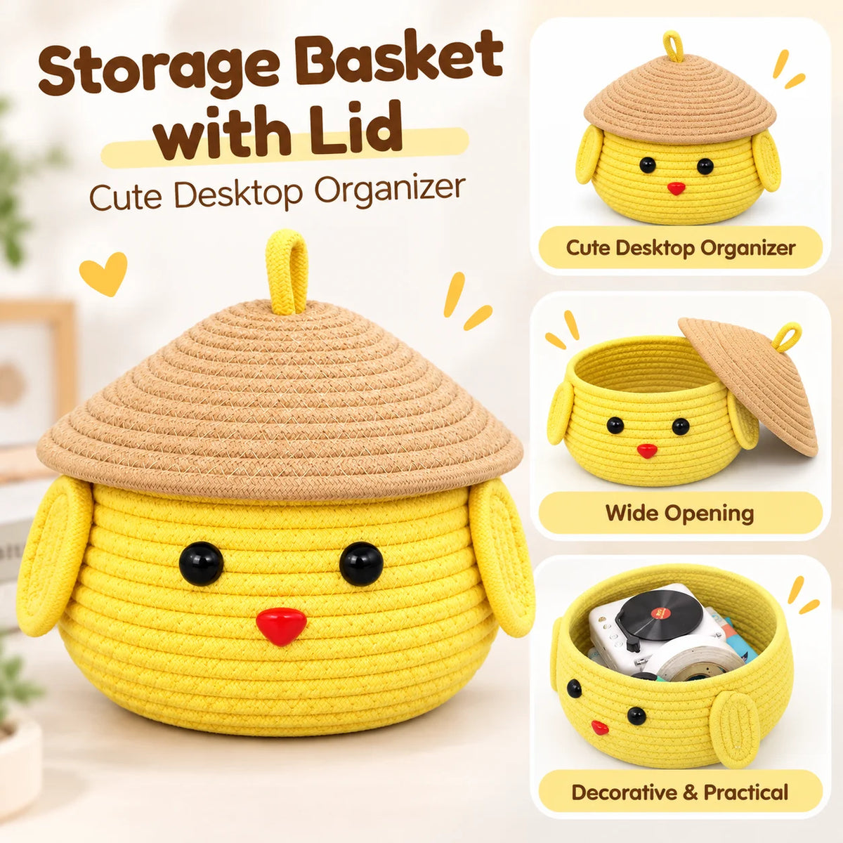 Cute Chick Woven Cotton Rope Storage Basket with Lid