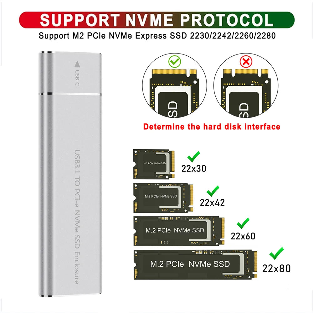 M.2 NVMe SSD Enclosure 2230–2280 USB-C 10Gbps Aluminum Case