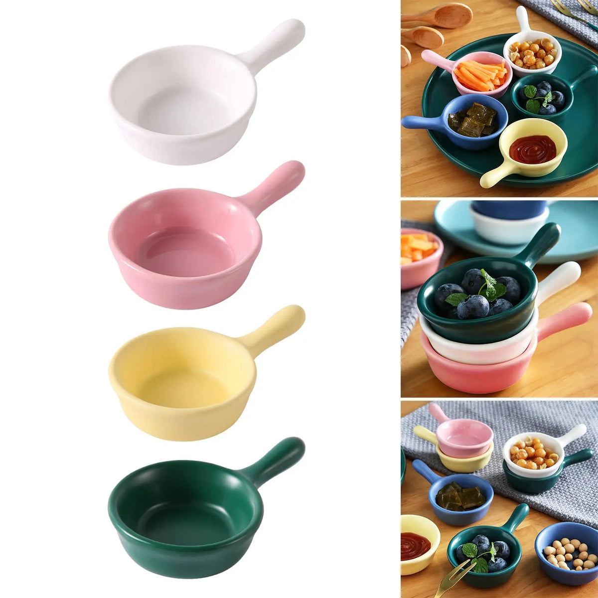 Ceramic Dipping Sauce Bowls with Handle – Set of 3 Stackable