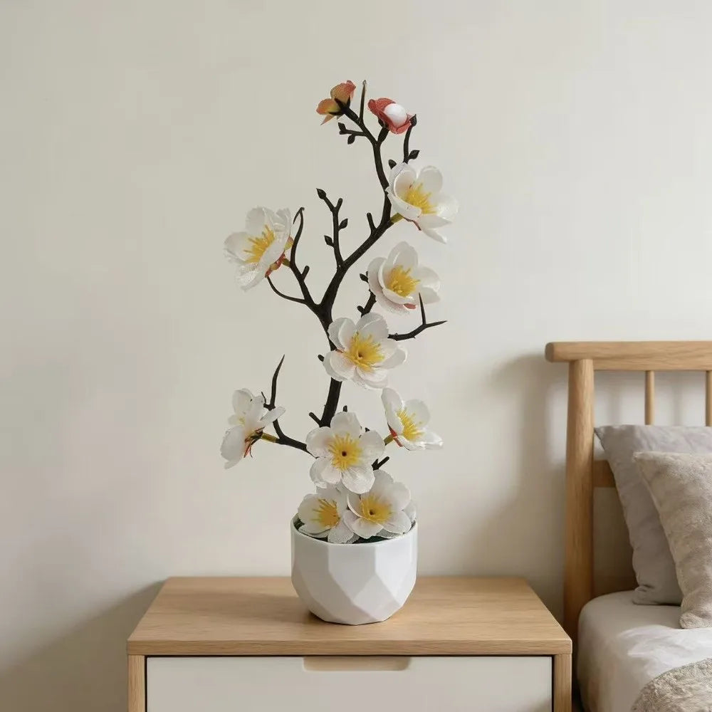 Red Artificial Plum Blossom Bonsai – Fake Wintersweet Potted Plant