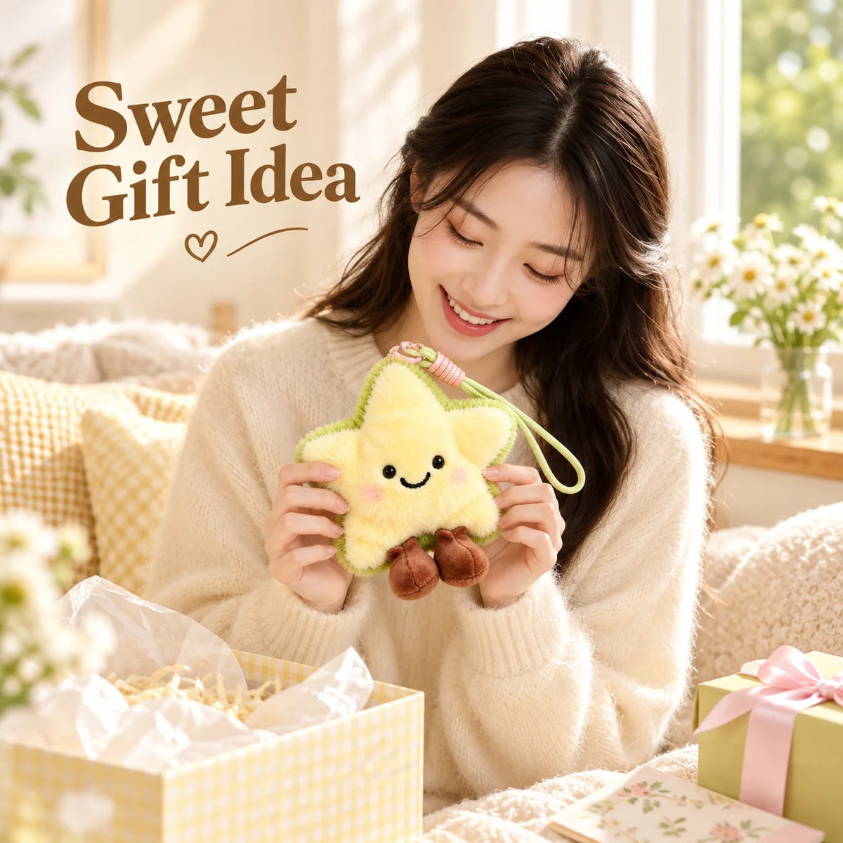 Kawaii Plush Star Keychain – Cute Smiley Stuffed Bag Charm
