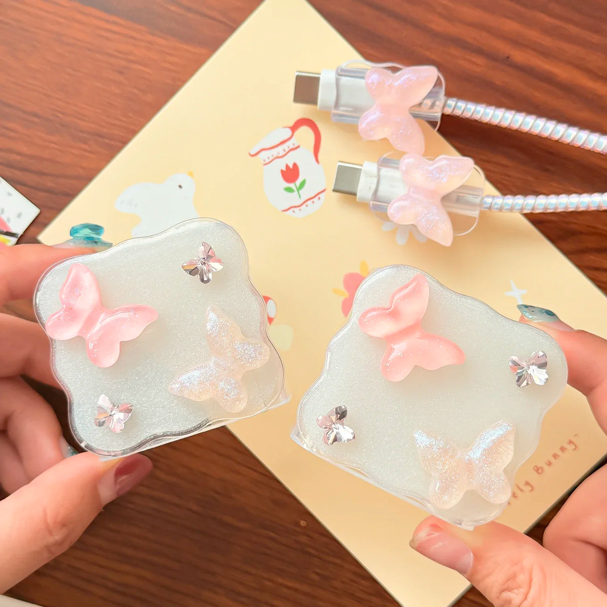 Pink Butterfly iPhone 18W/20W Charger Case & Cable Winder Set