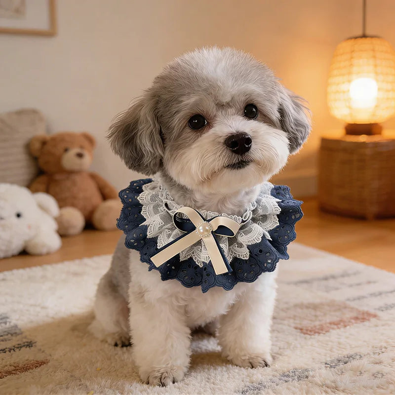 Lolita Style Pet Bib – Lace & Pearl Collar for Cats & Dogs