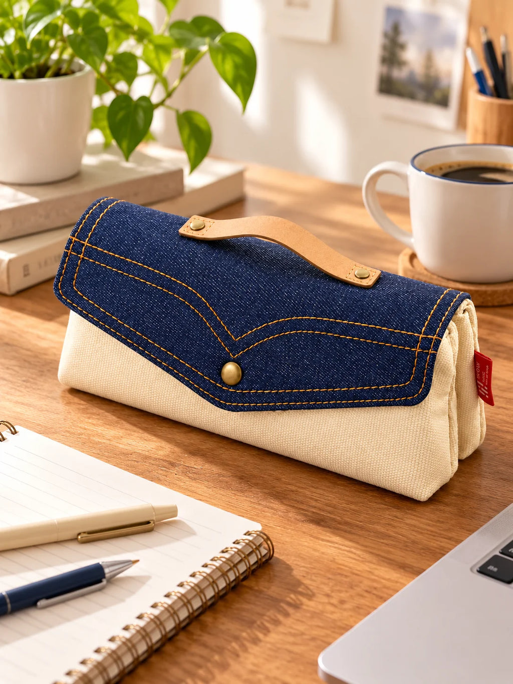 Vintage Denim Pencil Case – Large Capacity Double Layer Pouch