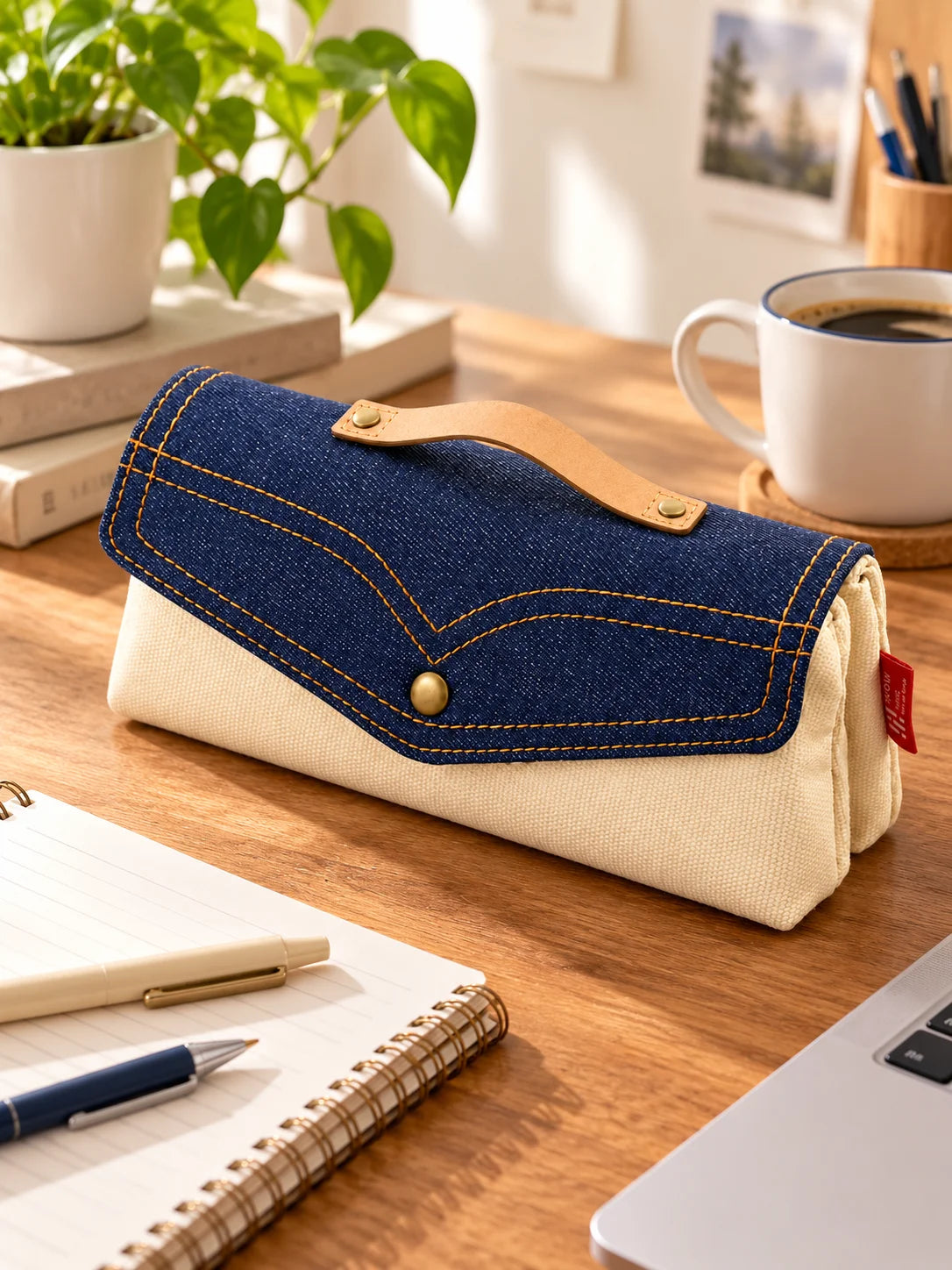 Vintage Denim Pencil Case – Large Capacity Double Layer Pouch