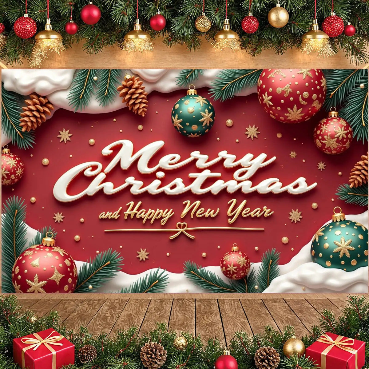 Christmas Polyester Photo Banner – Green Pine Holiday Decor