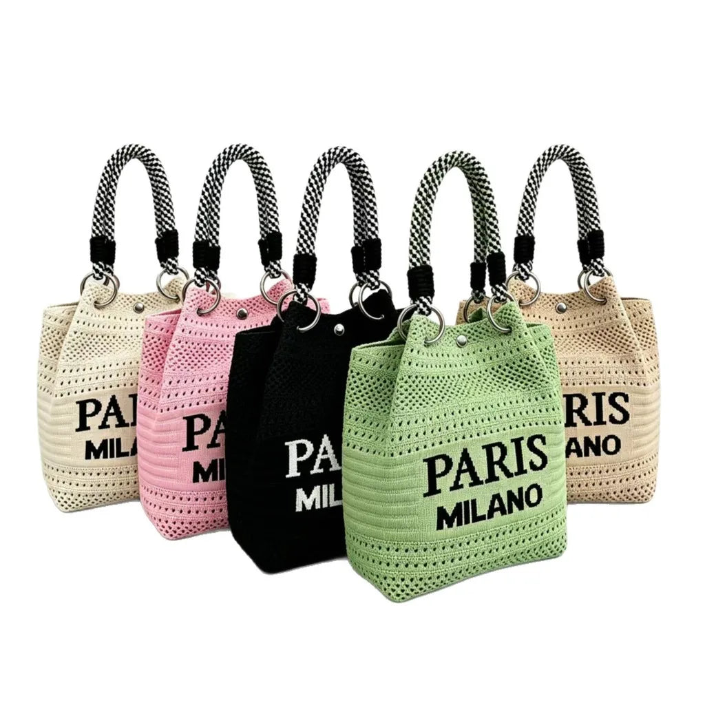Knitted Bucket Handbag | Magnetic Closure Woven Top Handle Bag