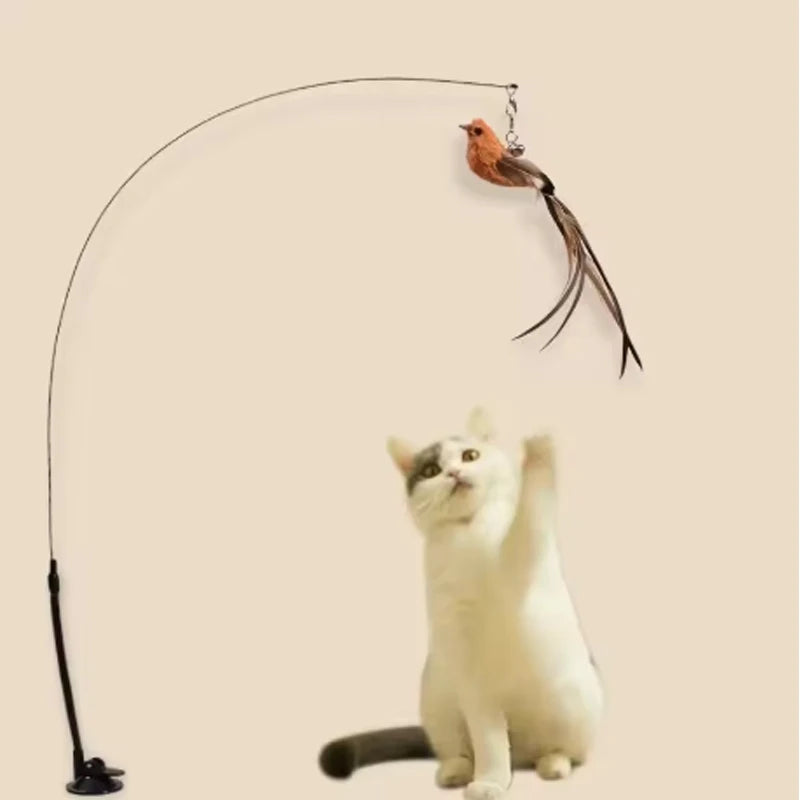 Feather Suction Cup Cat Toy Teaser Stick with Bell & Bird Head