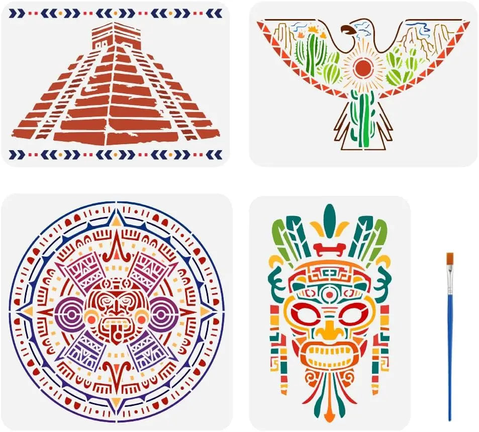 4-Piece Aztec Tribal Stencil Set with Brush | Reusable PET