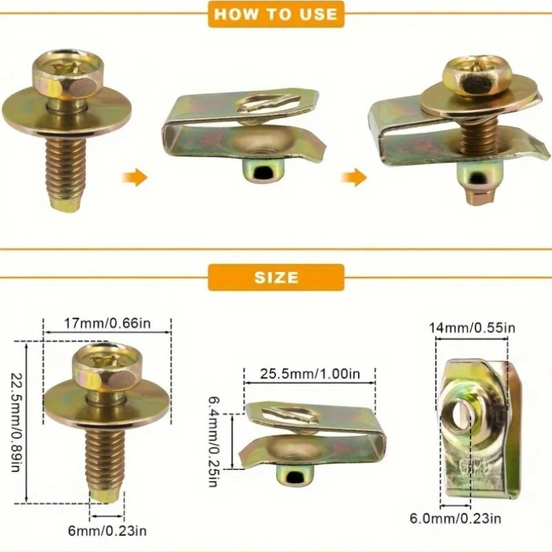 20-Pair M6 U-Nut Car Clips with Hex Washers – Auto Fasteners