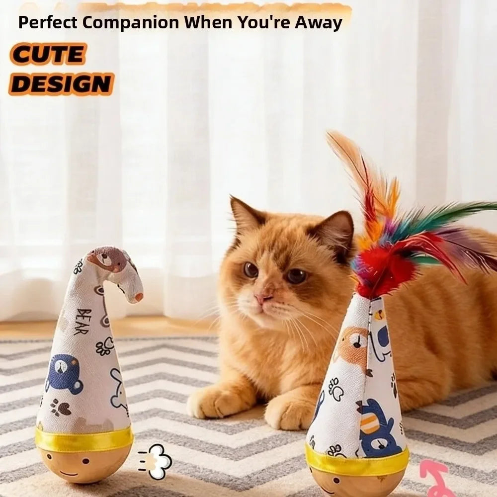 Interactive Cat Tumbler Wobbler Toy – Feather & Wooden Base