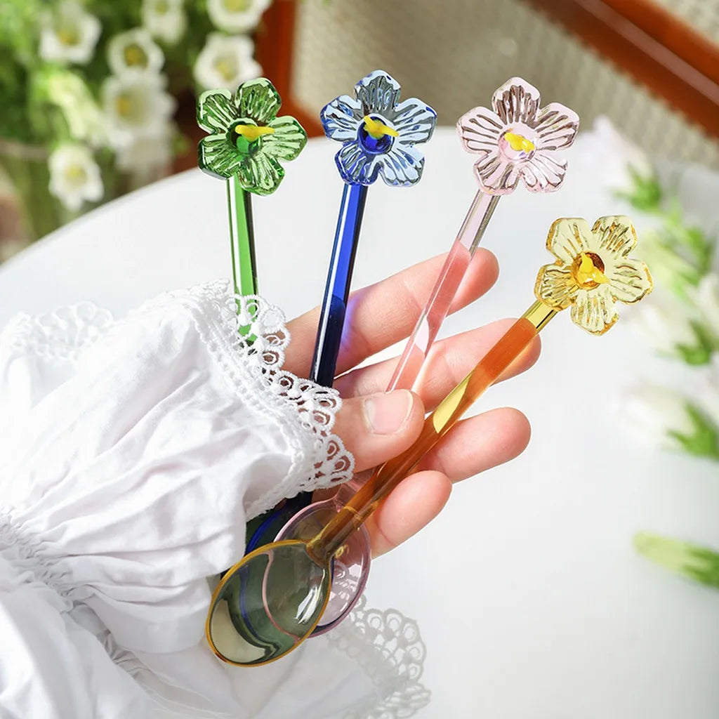 Japanese 3D Flower Borosilicate Glass Spoon – Long Handle