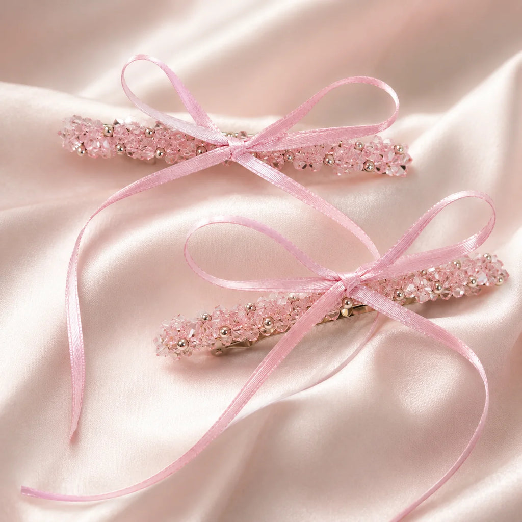 2-Pack Pink Crystal Beaded Bow Hair Clips with Long Ribbons