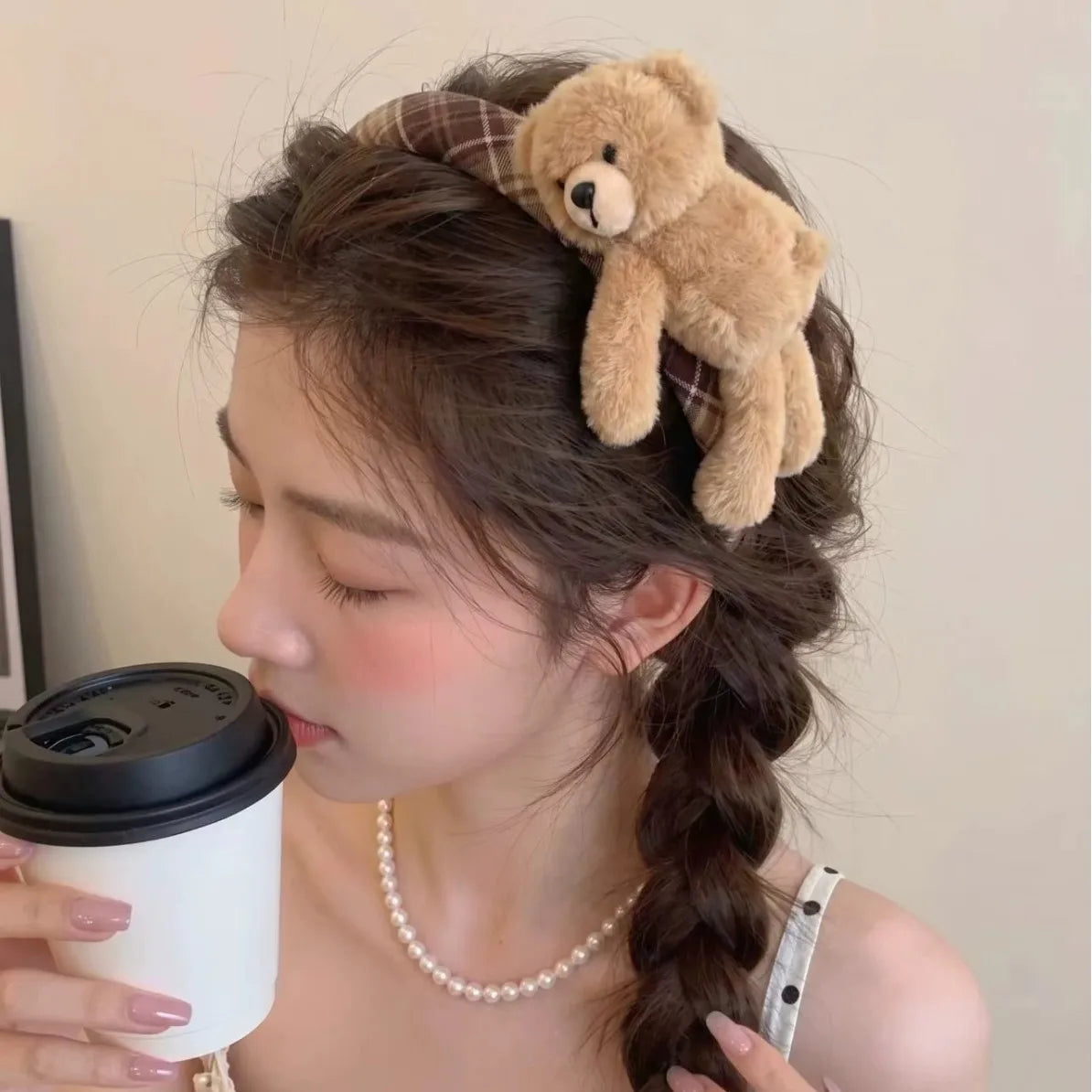 Plush Teddy Bear Plaid Headband for Women – Padded Hair Hoop