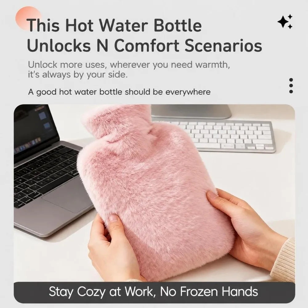 Hot Water Bottle 1000ml/2000ml with Faux Rabbit Fur Cover