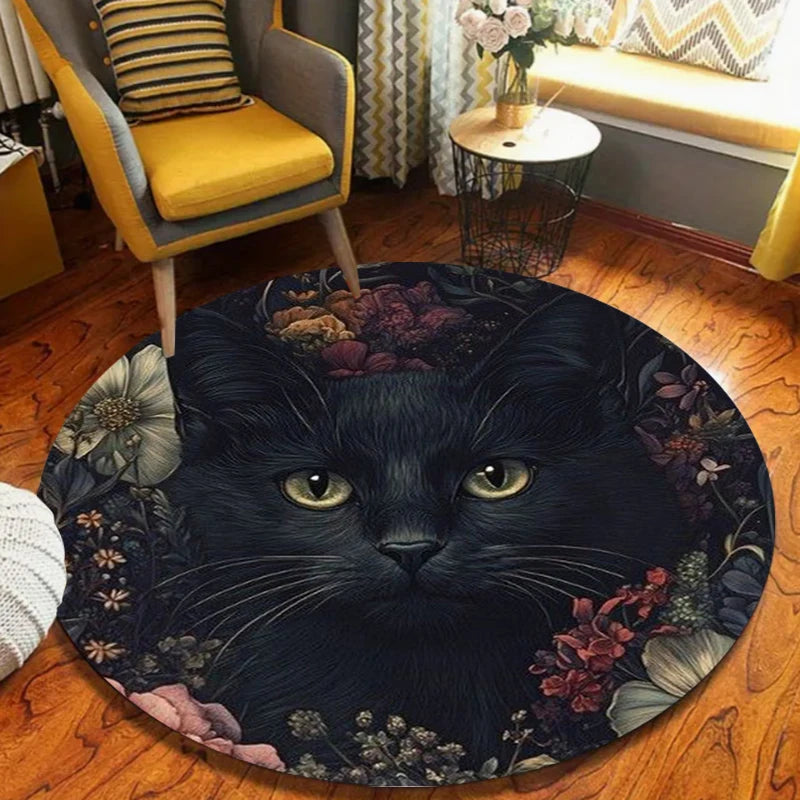 Vintage Boho Round Area Rug – Cat & Dog Botanical Print