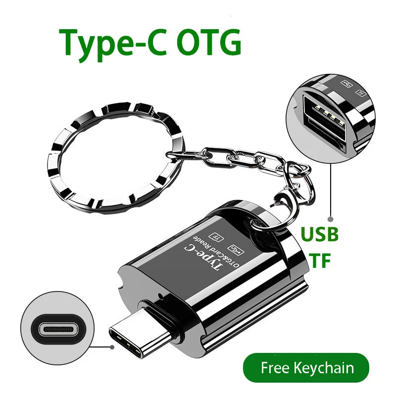 USB-C OTG Card Reader – Micro SD TF & USB Adapter + Key Chain