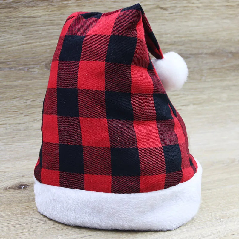 Red Black Checkered Christmas Hat – Plush Trim | Kids & Adults