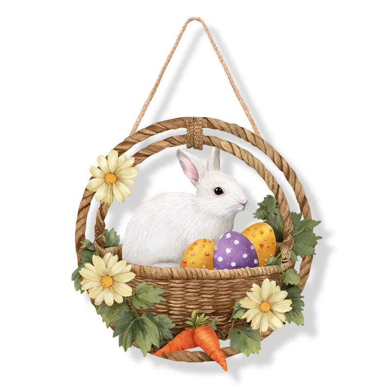 Easter Wooden Hanging Door Sign – Rabbit & Egg Plaque 12"