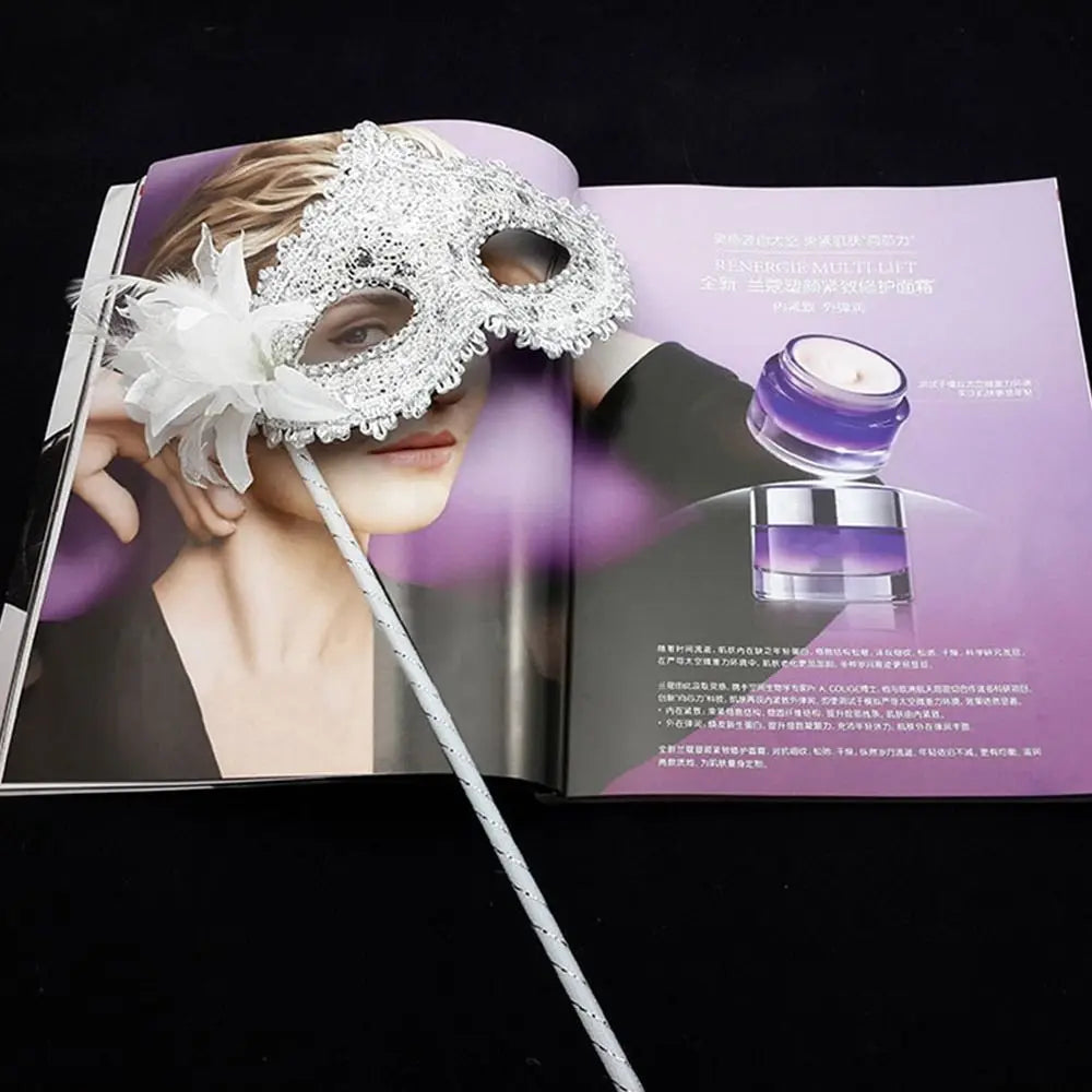 Handheld Feather Masquerade Mask – White Lace & Holding Stick