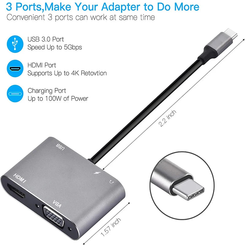 OULLX 5-in-1 USB-C Hub | 4K HDMI, VGA, USB 3.0 & PD Adapter