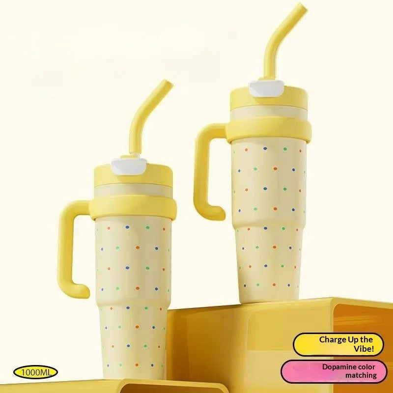 1000ml Stainless Steel Thermos Cup with Handle & Straw