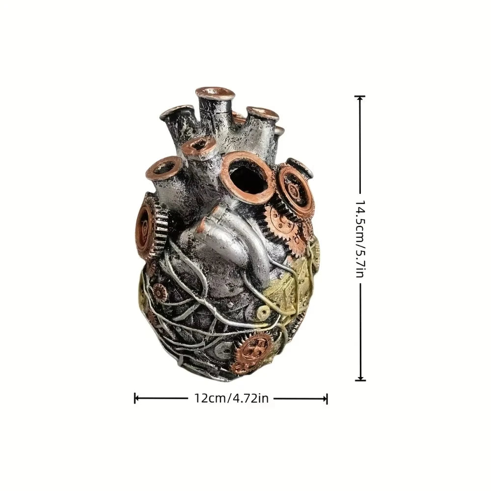 Steampunk Heart Resin Vase – Mechanical Gear Home Décor