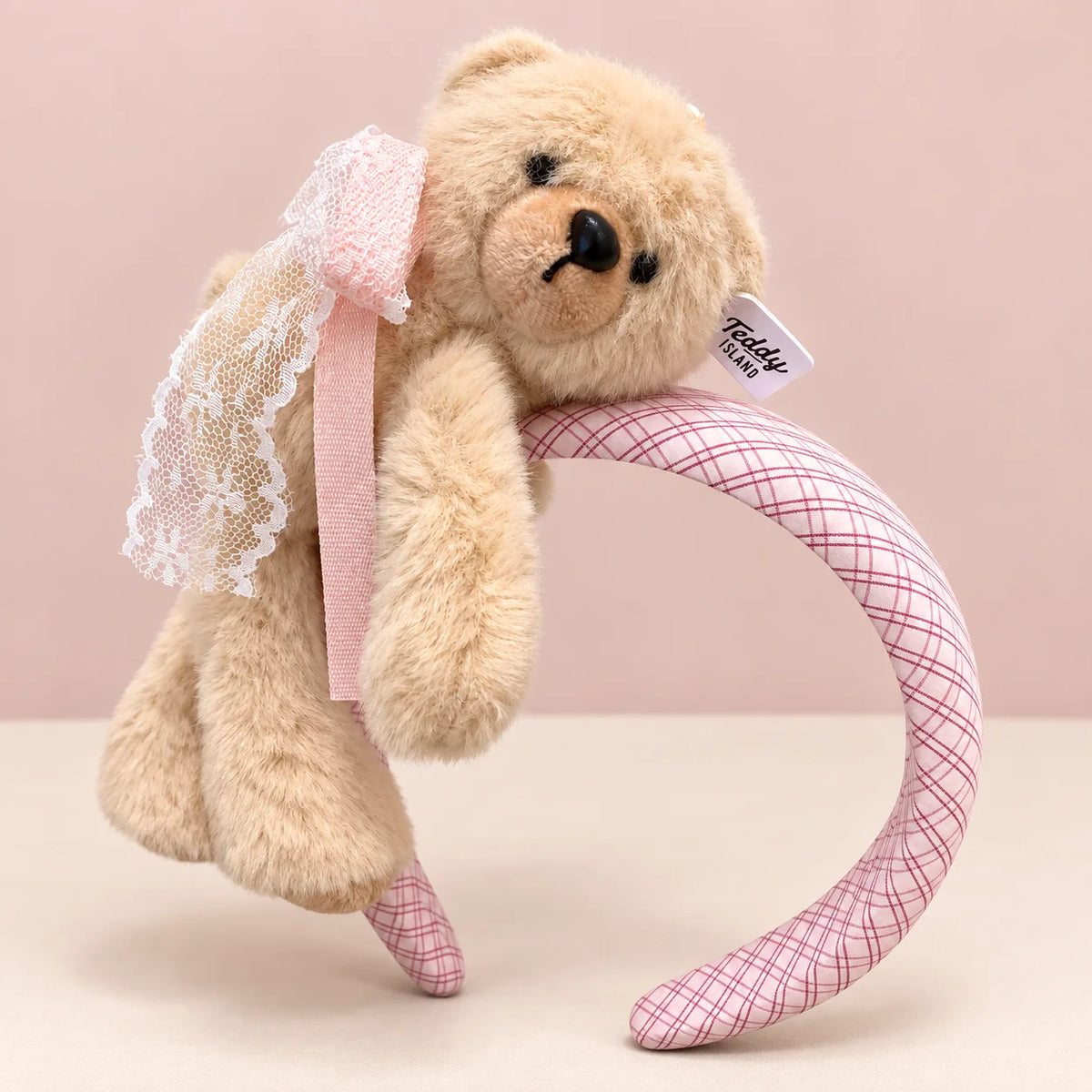 Plush Teddy Bear Headband – Plaid Hair Hoop with Lace Bow