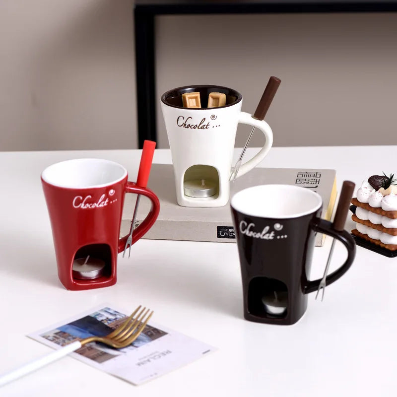 Ceramic Chocolate Melting Cup Set with Fork & Candle Base