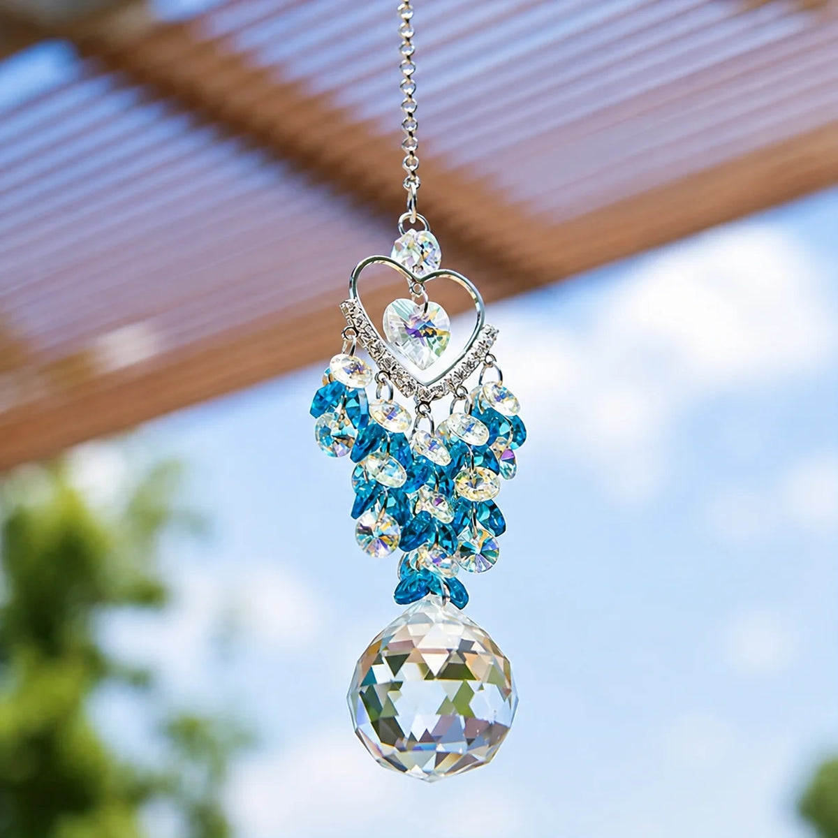 Heart Crystal Sun Catcher Hanging Prism Ornament – Blue Beads
