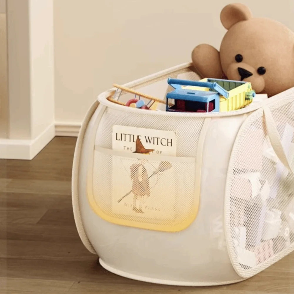 Large Fabric Storage Basket with Side Pocket & Handle