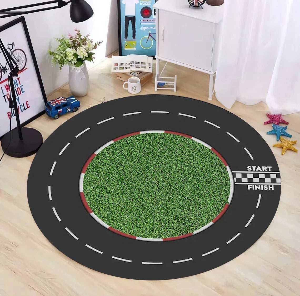 Round Racing Theme Play Rug – Kids Interactive Floor Mat