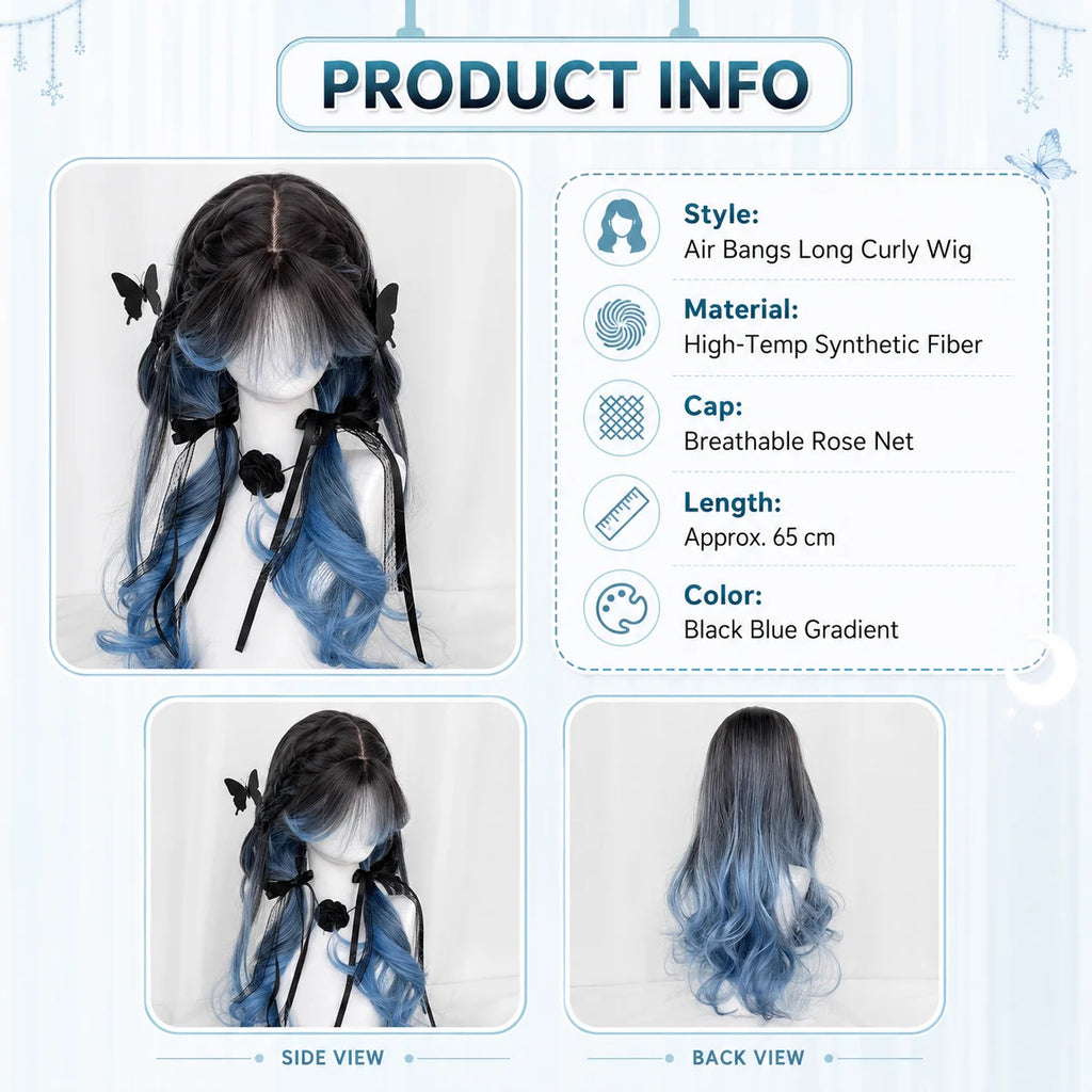 Black Blue Gradient Lolita Wig – Long Curly Waves & Air Bangs