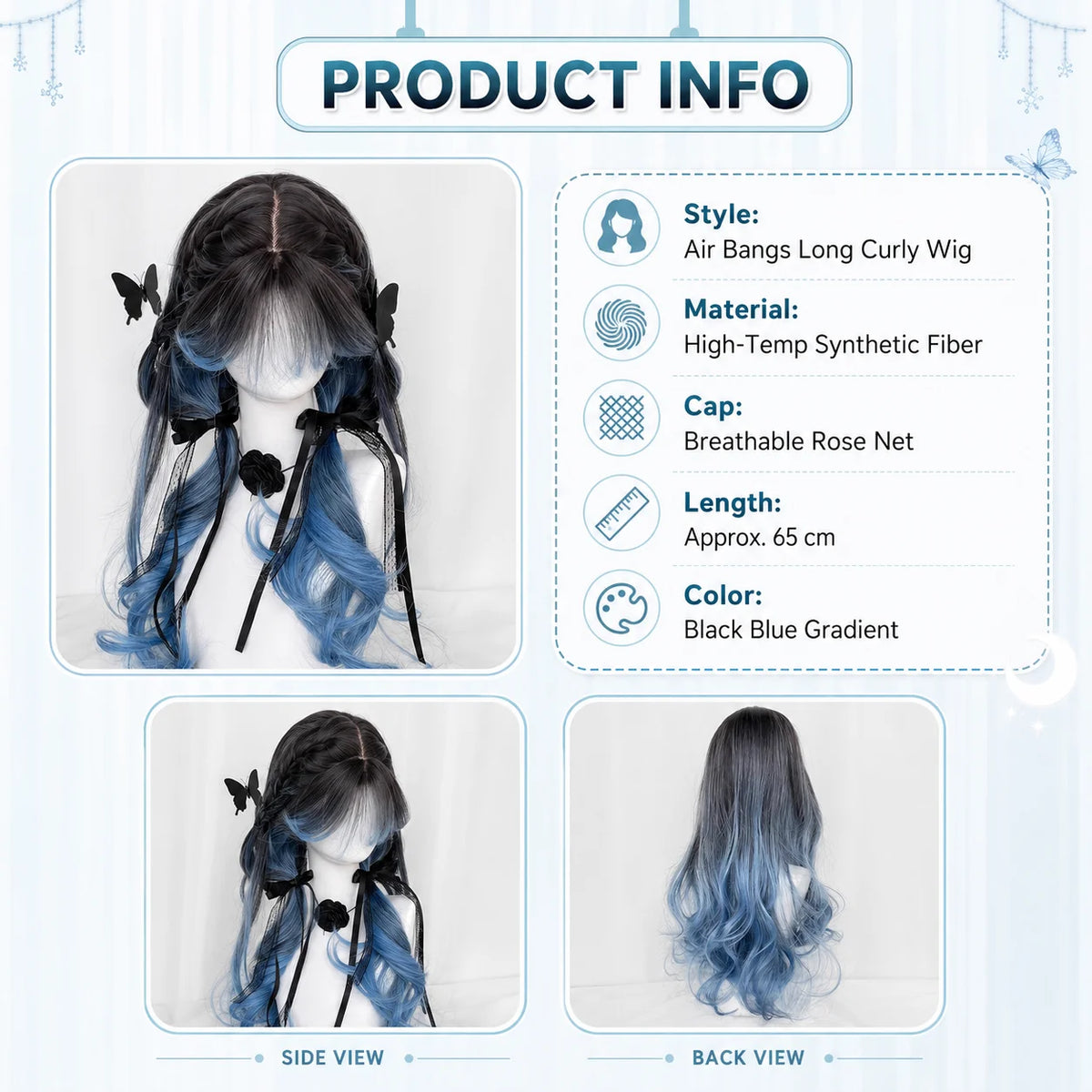 Black Blue Gradient Lolita Wig – Long Curly Waves & Air Bangs