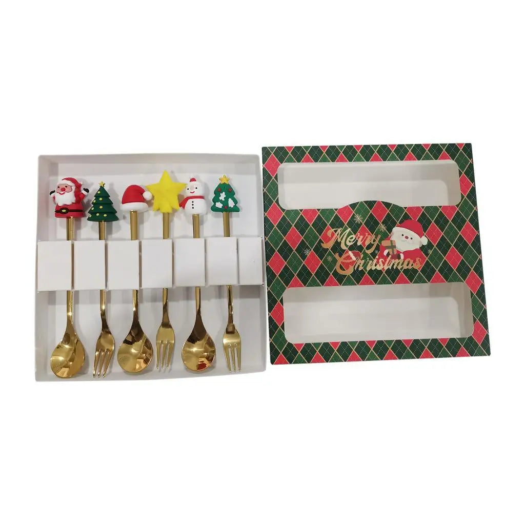 Christmas Stainless Steel Dessert Spoons & Forks Set – 6 Pc
