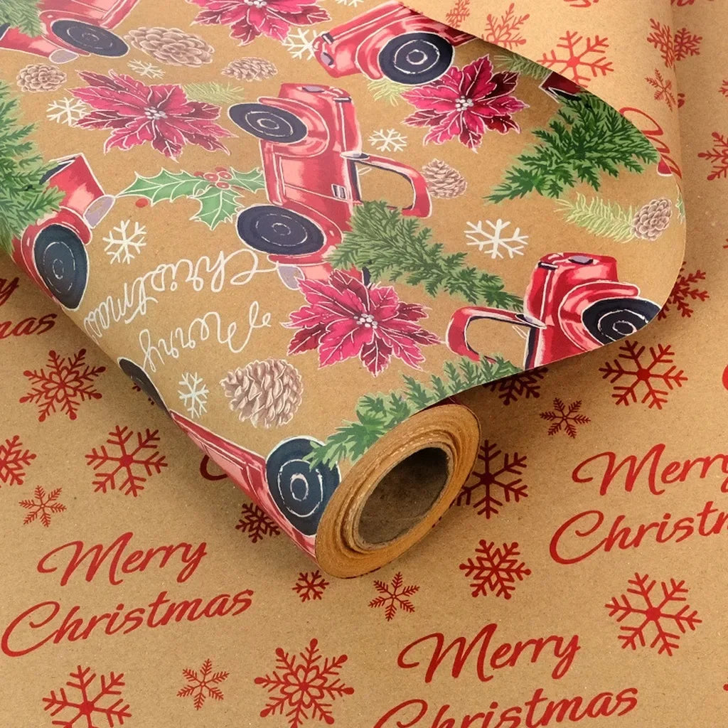 Christmas Kraft Wrapping Paper Roll – Double-Sided Retro Holiday