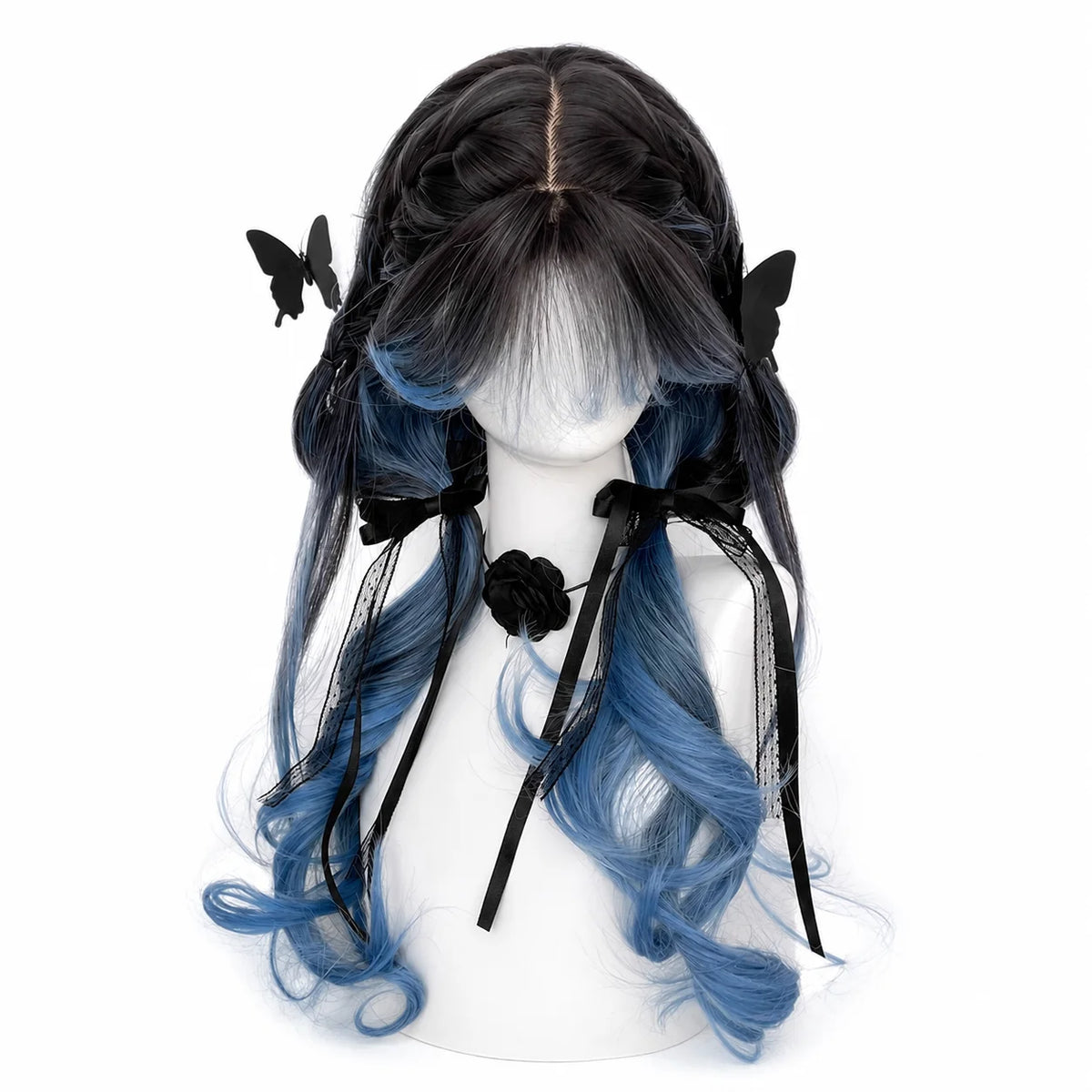 Black Blue Gradient Lolita Wig – Long Curly Waves & Air Bangs