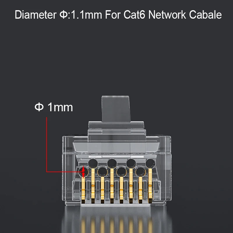 RJ45 Cat6 Pass-Through Connectors 6U Gold Plated 50/100 Pack