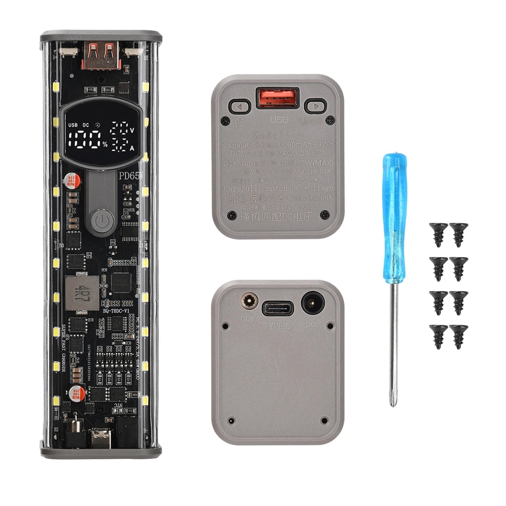 PD 65W Transparent Power Bank Case – 8×18650 DIY Battery Box