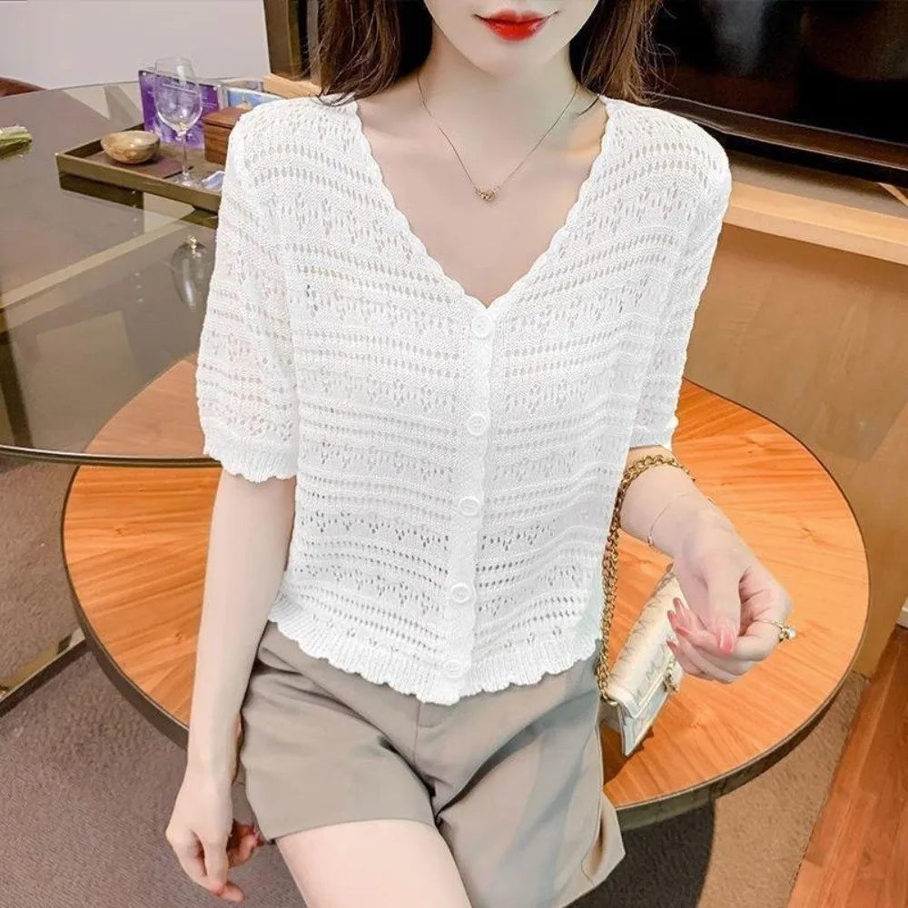 Women's Hollow Knit V-Neck Cardigan | Casual Summer Top