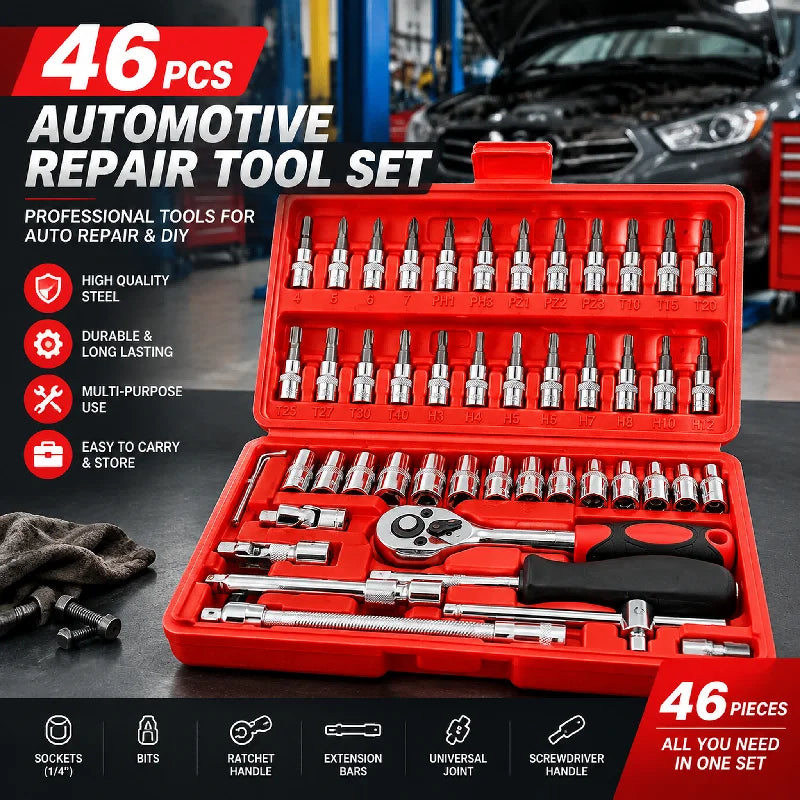46-Piece 1/4" Socket Ratchet Wrench Set – Car Repair Kit