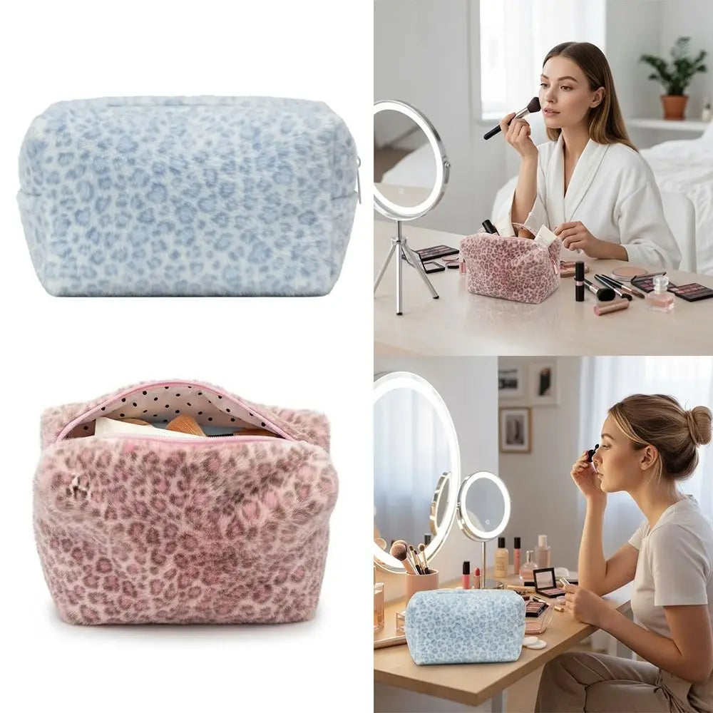 Fuzzy Leopard Print Makeup Bag – Large Capacity Travel Organizer