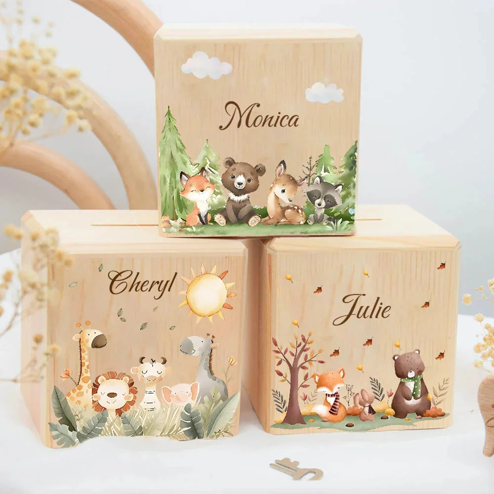 Personalized Wooden Animal Piggy Bank – Custom Name Money Box