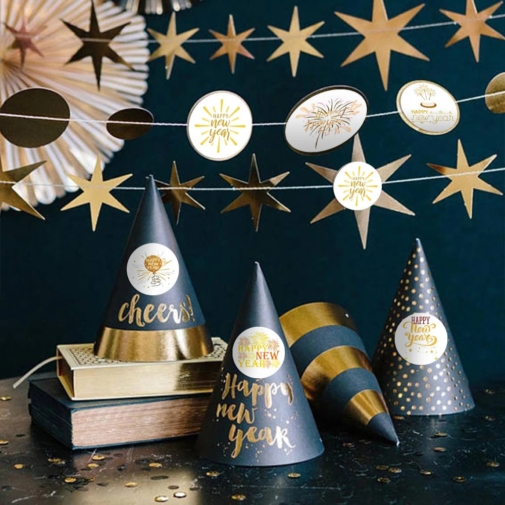 500-Pack Gold Foil Happy New Year Stickers | Gift Packaging