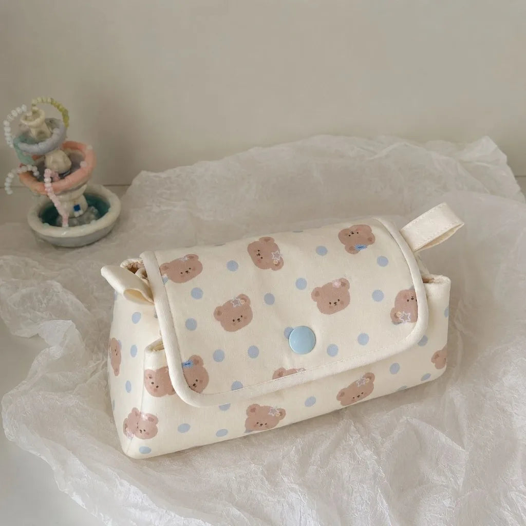 Three-Layer Cotton Pencil Case – Bear Polka Dot Student Pouch