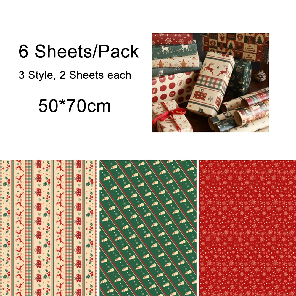 6-Sheet Christmas Kraft Wrapping Paper – Elk, Santa & Snowman
