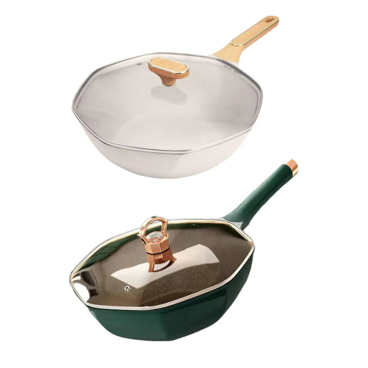 Octagonal Nonstick Iron Frying Pan with Lid & Wood Handle